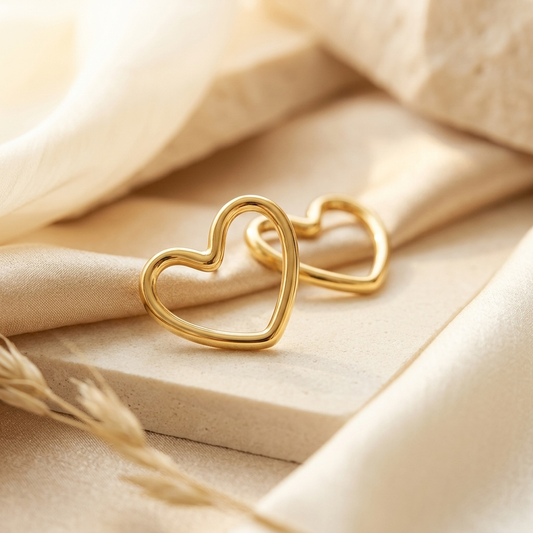 Gold Open Heart Stud Earrings pair flat lay on white linen