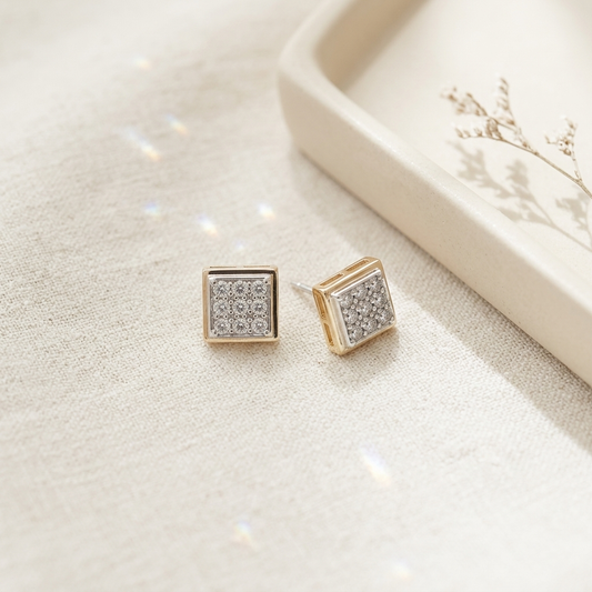 Gold Square Pave Crystal Stud Earrings flat lay on white surface