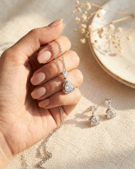 Crystal Trillion Drop Necklace and Earrings Set on model