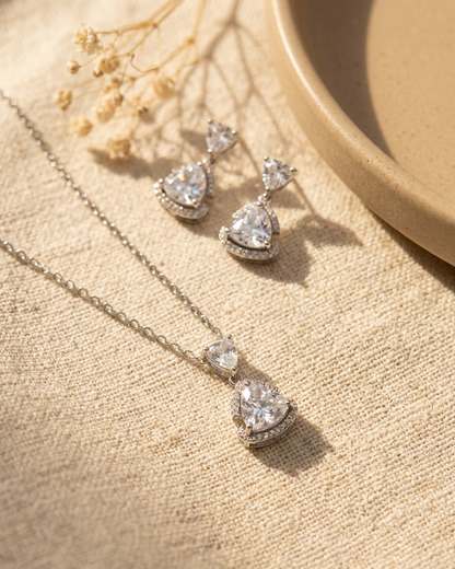Crystal Trillion Drop Necklace and Earrings Set flat lay
