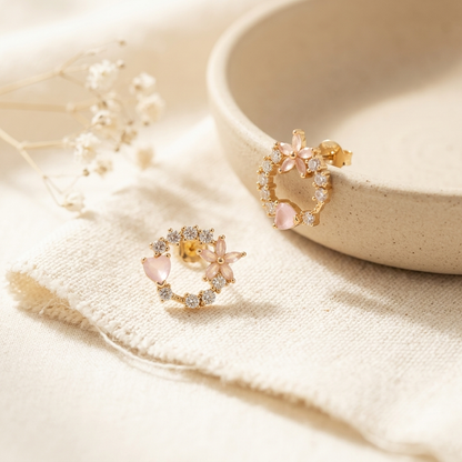 Pink Floral Crystal Circle Stud Earrings rose gold version close up