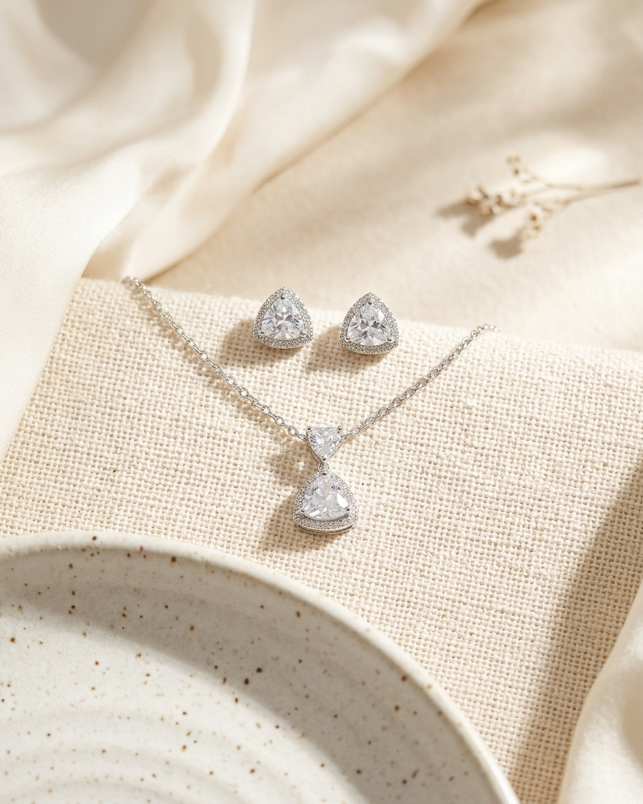 Crystal Trillion Drop Necklace and Earrings Set with studs