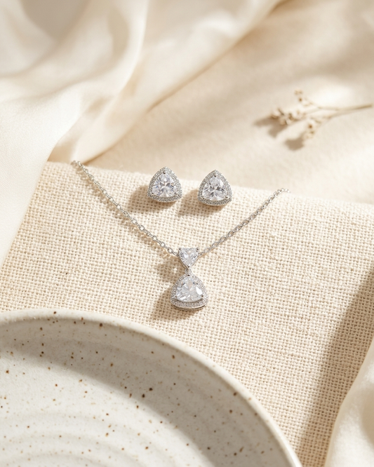 Crystal Trillion Drop Necklace and Earrings Set with studs