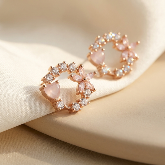 Pink Floral Crystal Circle Stud Earrings held in hand sparkling