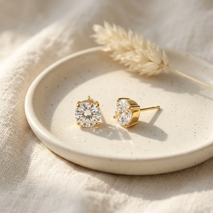 Gold Crystal Solitaire Stud Earrings close up showing 4-prong setting