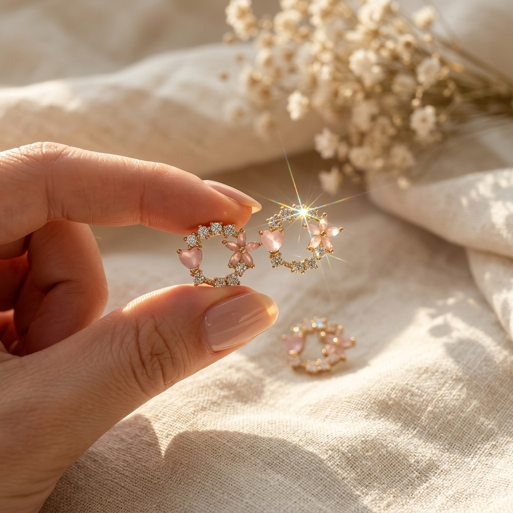 Pink Floral Crystal Circle Stud Earrings pair on ceramic plate