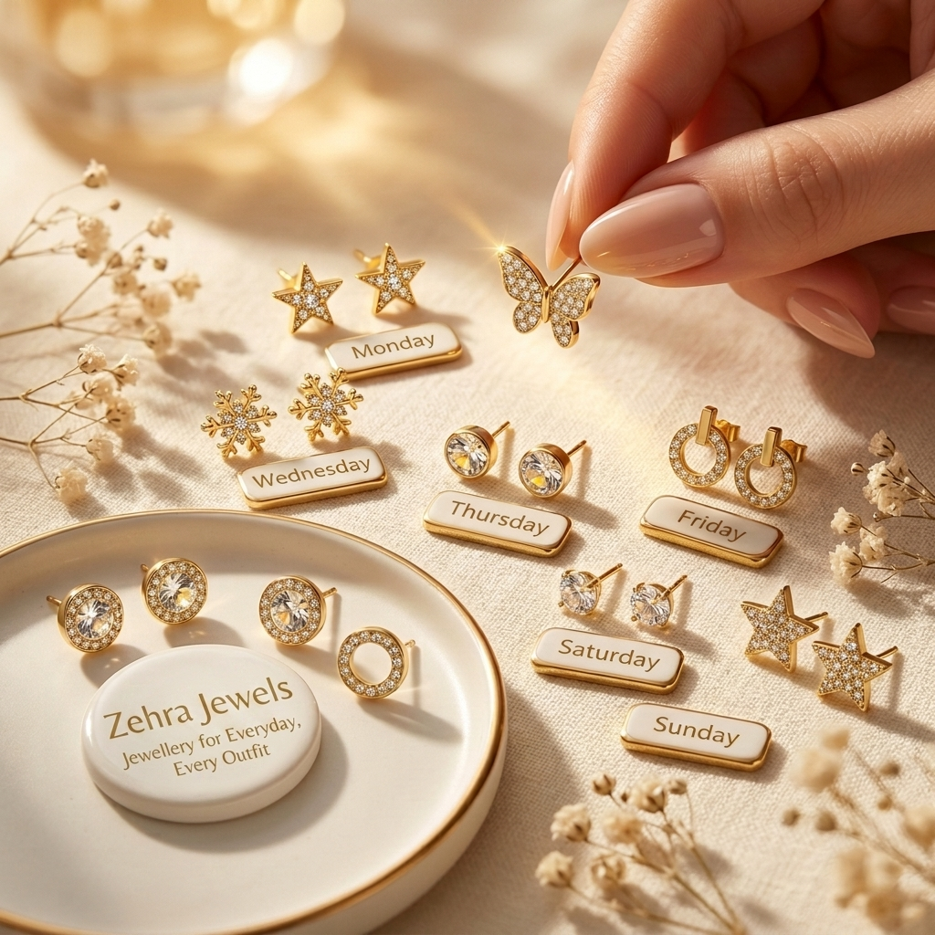 7-Day Gold Crystal Earrings Set – Crystal Bezel Stud in gold on cream linen