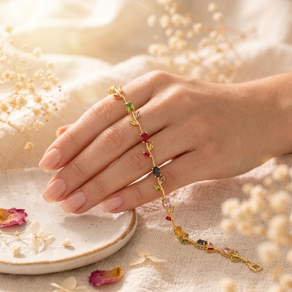 Gold Multi-Stone Crystal Vine Leaf Bracelet on cream linen with baby's breath