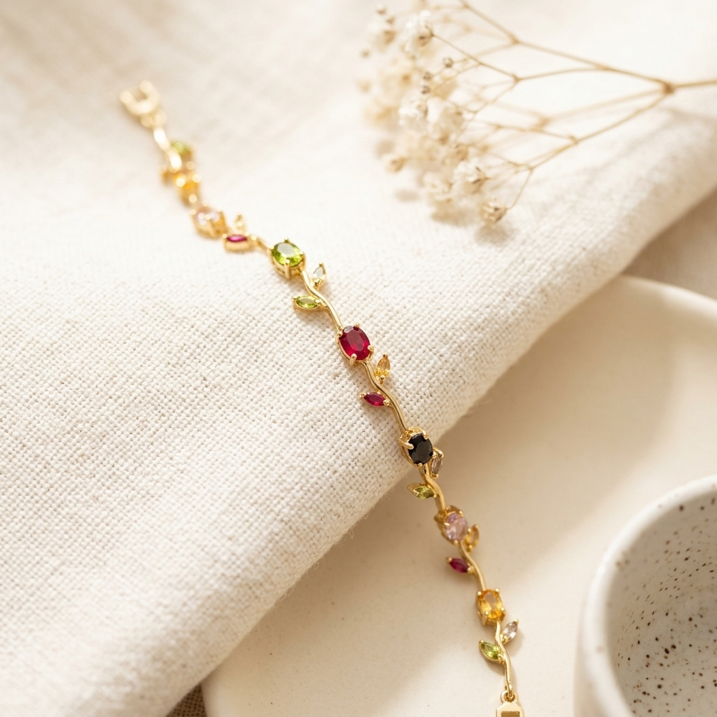 Gold Multi-Stone Crystal Vine Leaf Bracelet worn on hand with dried flowers