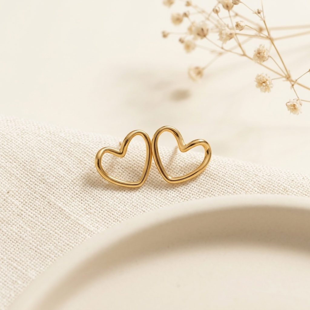 Gold Open Heart Stud Earrings held in hand close up