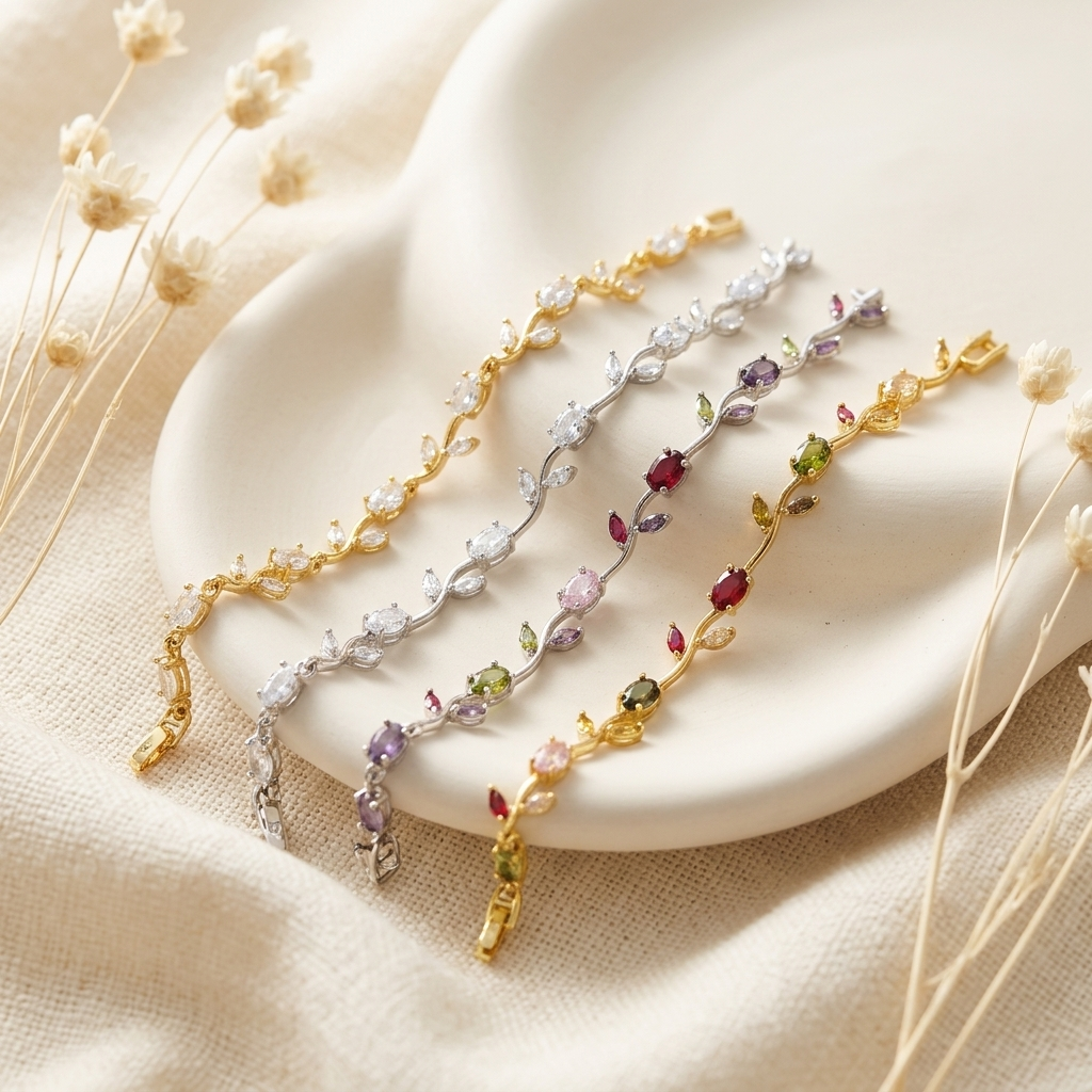 Silver Multi-Stone Crystal Vine Leaf Bracelet on cream linen with dried flowers