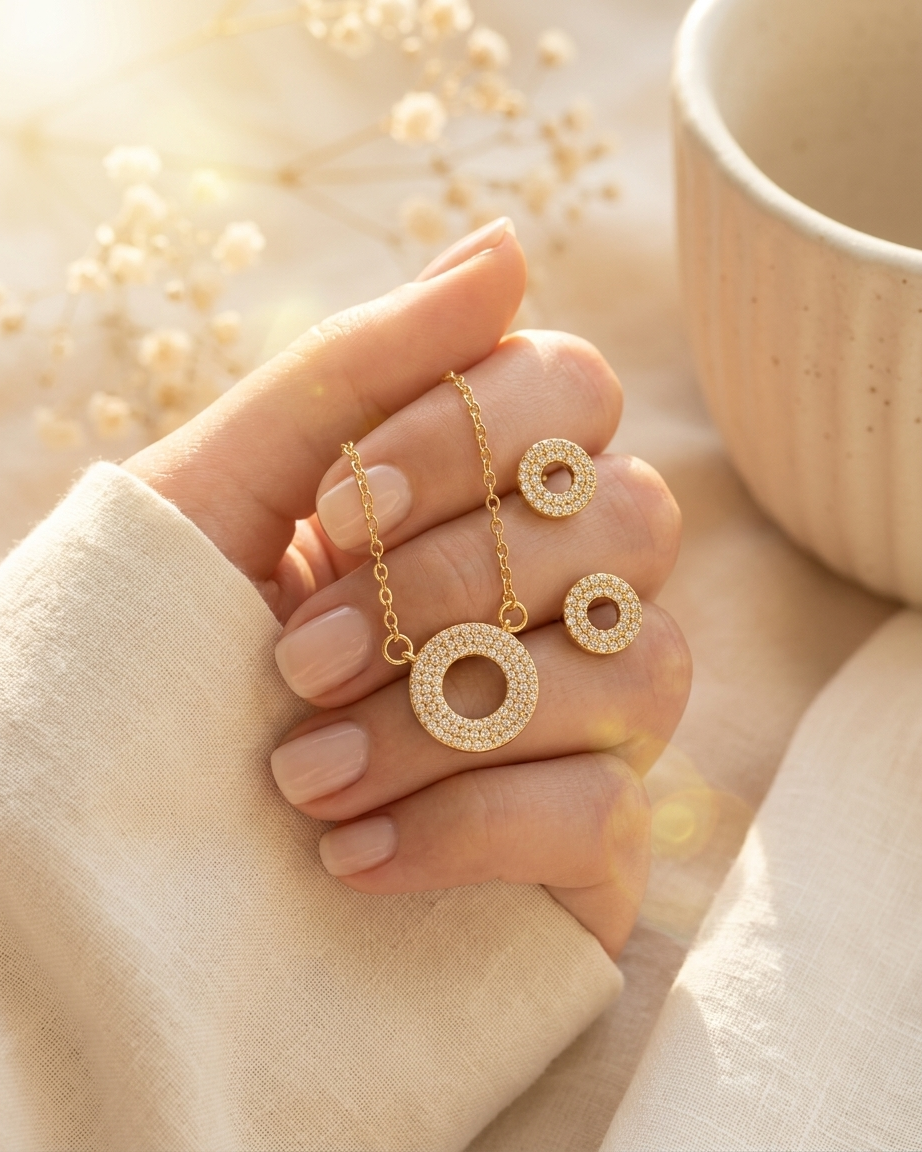 Gold Pave Circle Necklace and Earrings Set held in hand