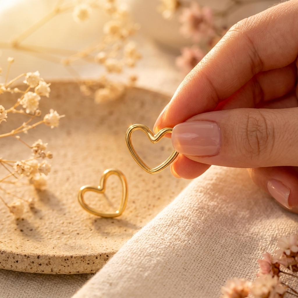 Gold Open Heart Stud Earrings on marble surface with dried flowers