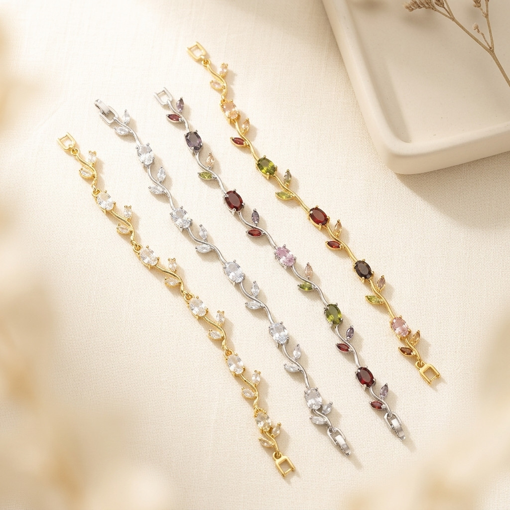 Silver Multi-Stone Crystal Vine Leaf Bracelet on cream ceramic tray