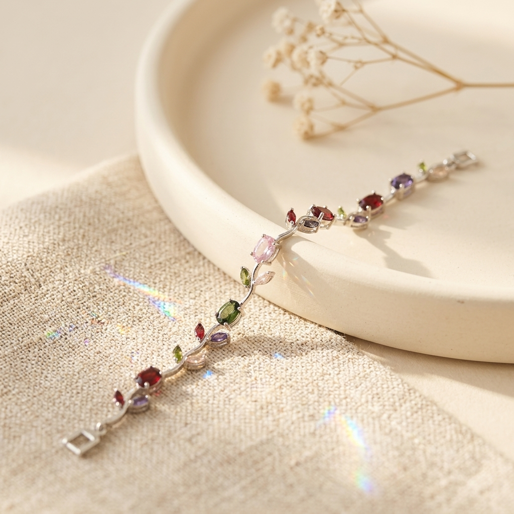 Silver Multi-Stone Crystal Vine Leaf Bracelet close up on linen