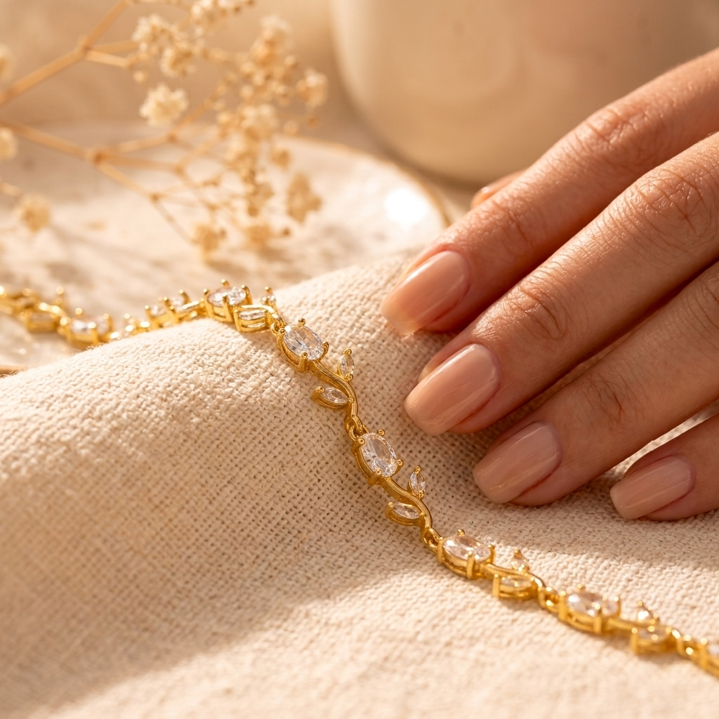 Gold White Stone Crystal Vine Leaf Bracelet on hand with baby's breath