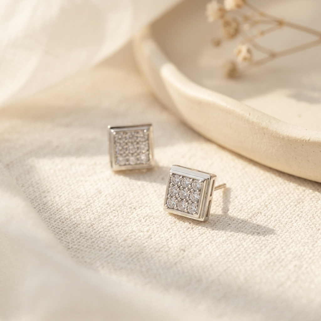 Silver Square Pave Crystal Stud Earrings flat lay on white linen