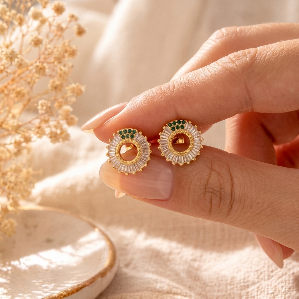 Gold Baguette Sunburst Circle Stud Earrings with green accent held in hand