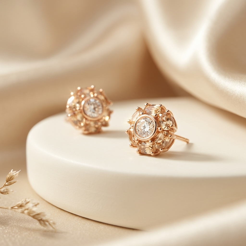 Rose Gold Crystal Flower Cluster Stud Earrings on white silk surface