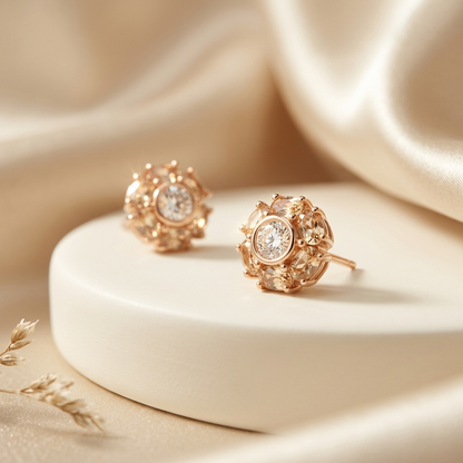Rose Gold Crystal Flower Cluster Stud Earrings on white silk surface