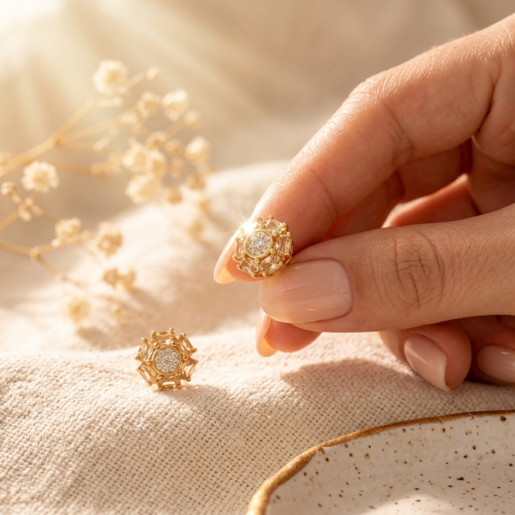 Rose Gold Crystal Flower Cluster Stud Earrings held in hand close up