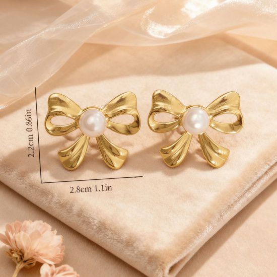 Gold Bow Pearl Stud Earrings with measurements